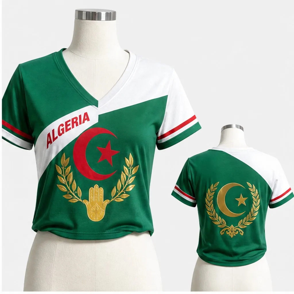 Womens V Neck Cropped Tee Algeria Crescent Laurel Graphic Short Sleeve Summer Casual Top With Golden Back Motif Daily Streetwear