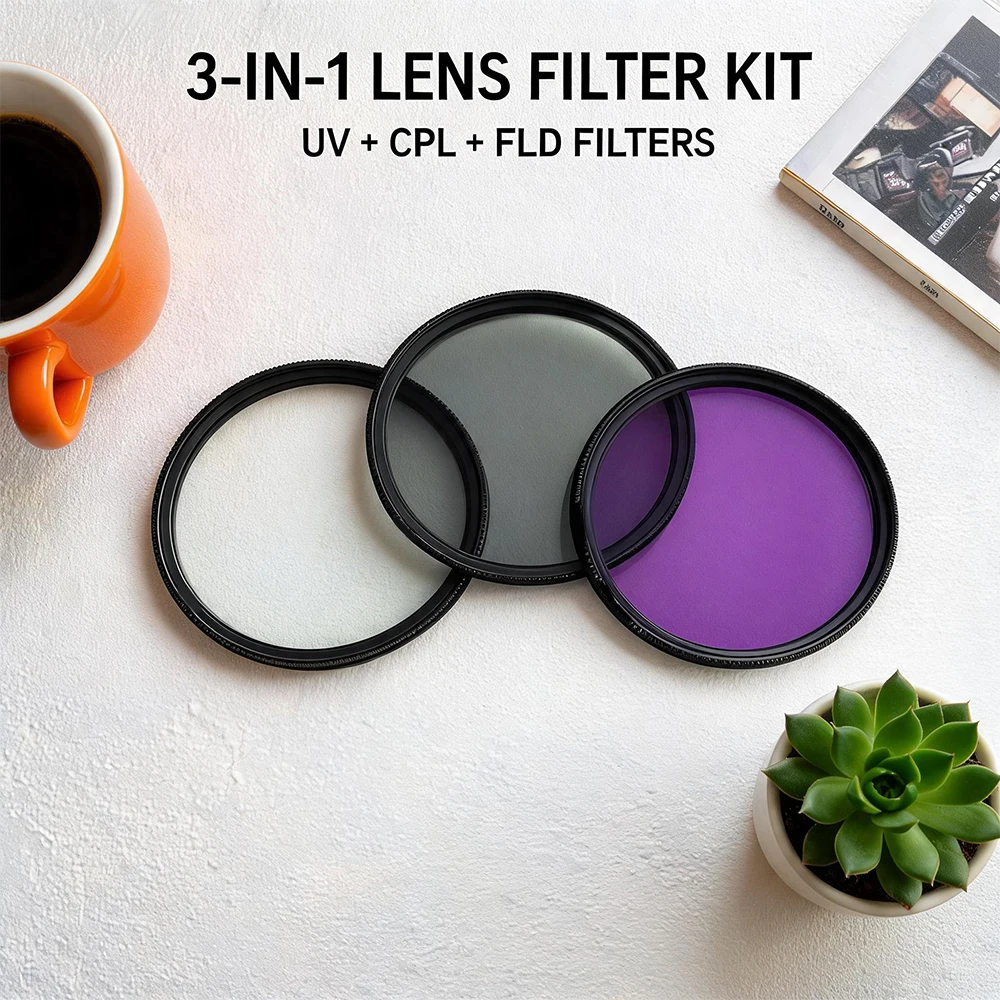 3-in-1 Camera Filter Kit UV + CPL Polarizer + FLD Filter, Multi-Size 49-82mm, Enhance Image Quality & Reduce Reflections