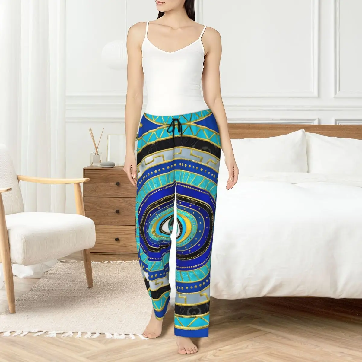 Custom Nazar Evil Eye Pajama Pants Women Symbol Amulet Sleepwear Lounge Sleep Bottoms Stretch with Pockets