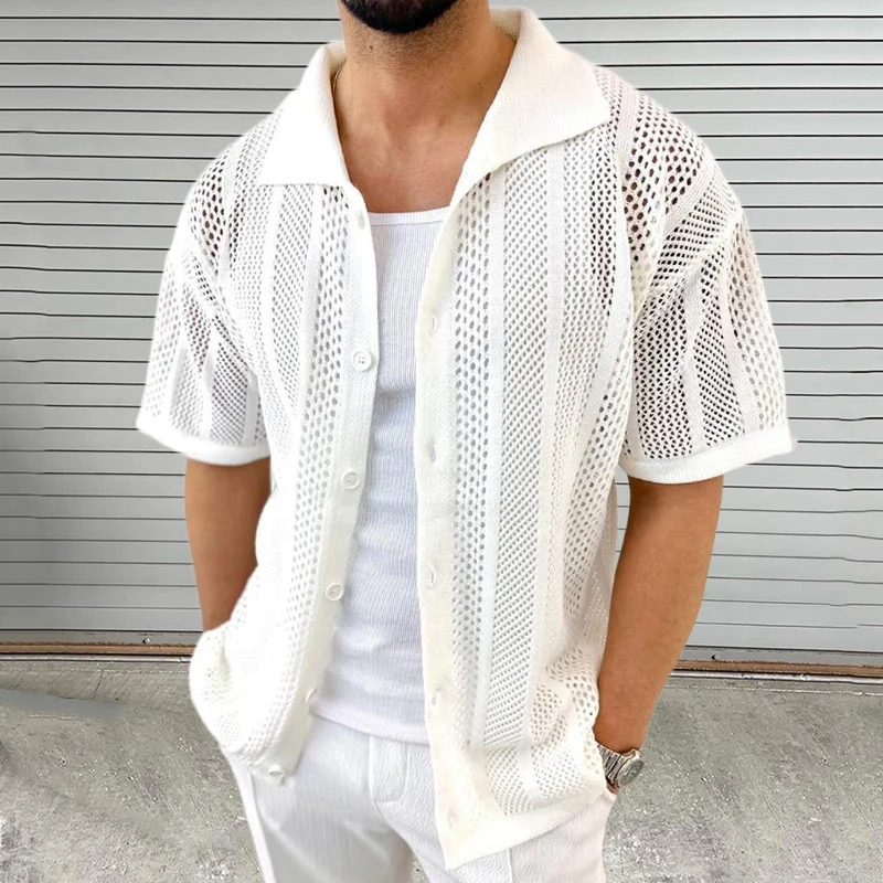 Beach Casual Breathable Hollow Out Shirt Men Knit Solid Color Buttoned Lapel Short Sleeve Knitted Cardigan Mens Shirts Summer