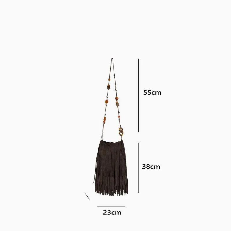 Frosted PU Leather Fringe Tassel Original Bohemian Bag Beads Bags Women\'s Handbags Purses Vintage Women Shoulder Crossbody Bag