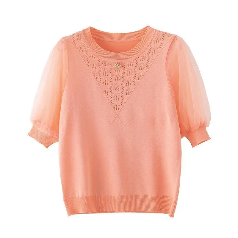 Female Gauze Puff Sleeve Solid Pullovers Elegant Fashion Hollow Out Thin Knitted Tops O-Neck Casual T-shirt Women Summer 2023