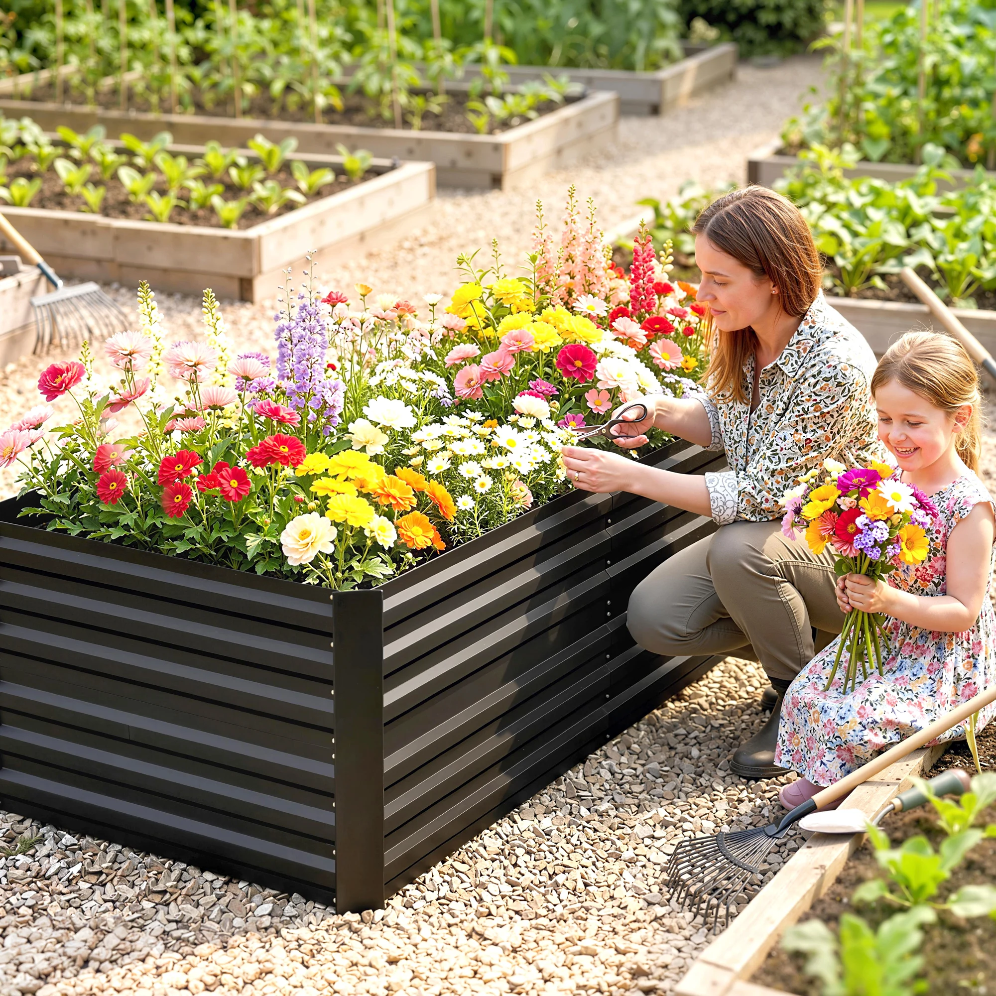 Raised Garden Bed Metal Planter Box with Reinforced Rods, Black