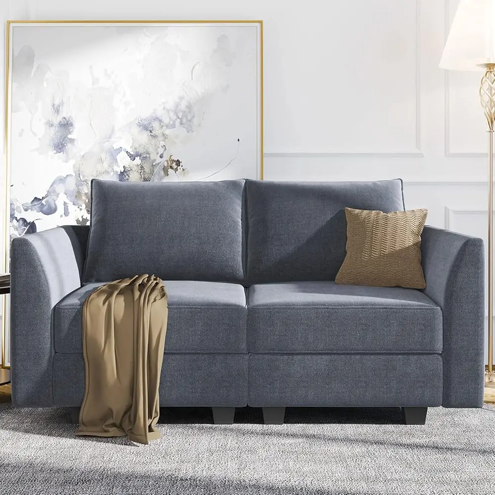 

Modern Loveseat Polyester Fabric Loveseat Sofa For Small Space Modular Sofa With Storage Seat, Bluish Grey