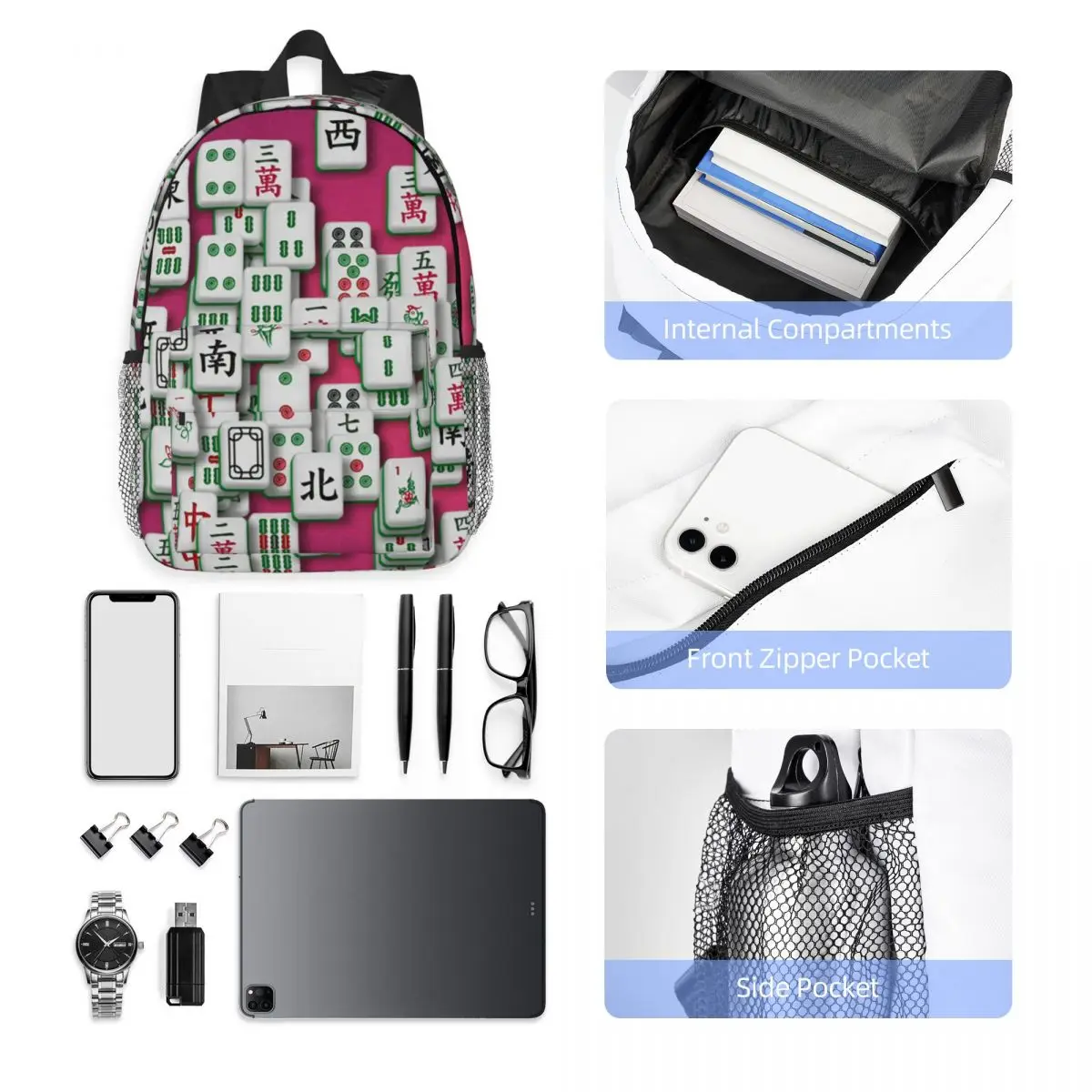 Mahjong Tile Pattern Backpack Hot Sale Daypack Large Capacity Boys Girls BookBag Shoulder Bags for Men Women School Bag