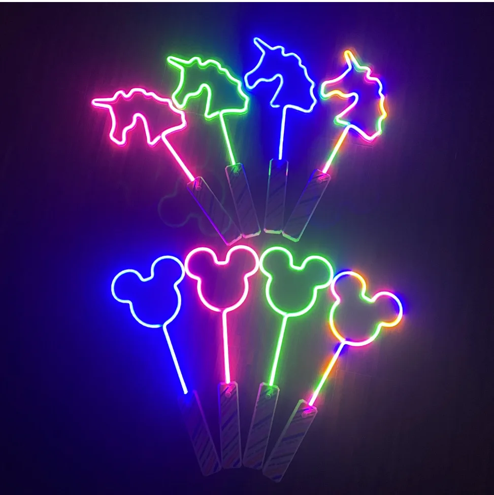 Cool LED Neon Light Magic Star Flashing Wand with Color Pink Unicorn Heart Star Shape Stick for Kid Pary Play Festival Toy Gift