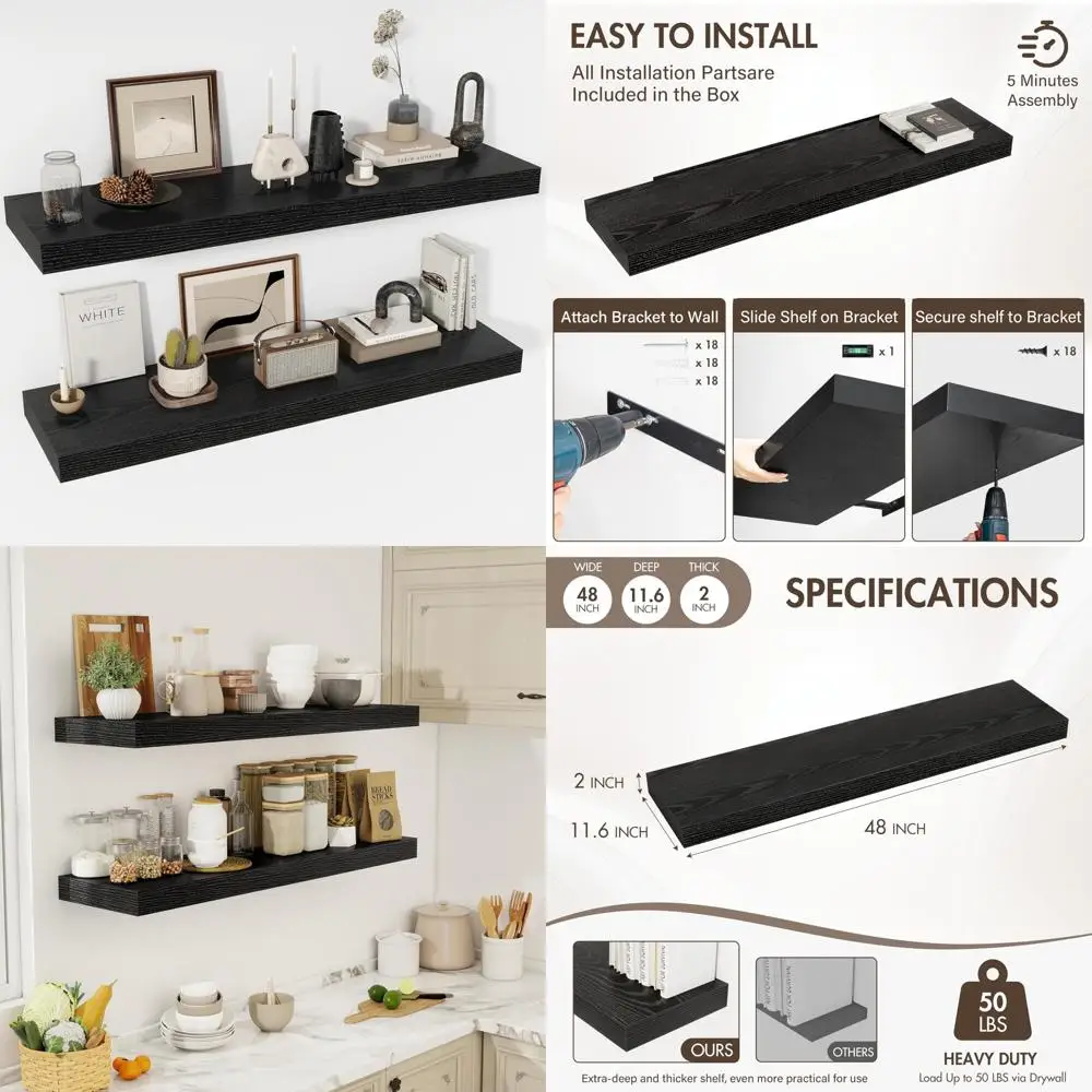 

48-Inch Wide, 12-Inch Deep Wall-Mounted Floating Shelves - Rustic Style, Extra Thick and Deep Bookshelf