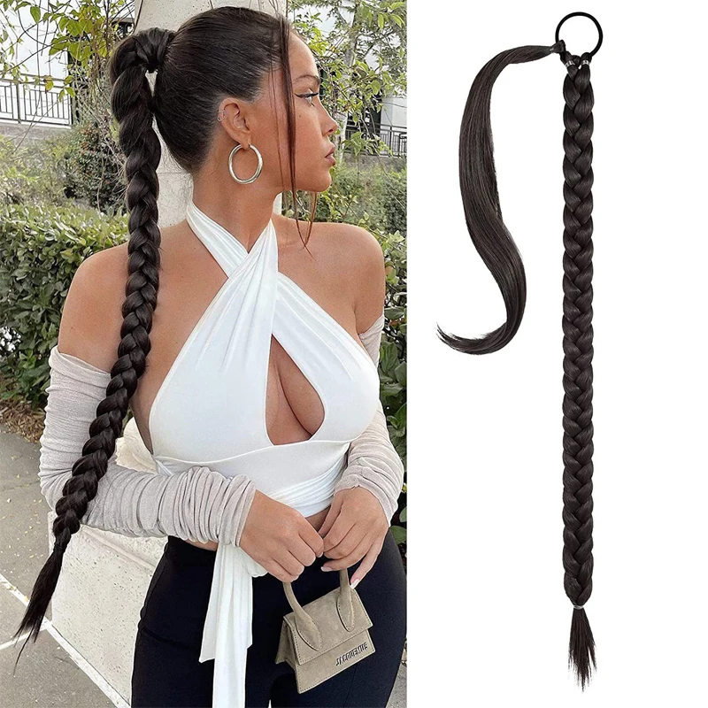 Extensión de cabello sintético de cola de caballo trenzada larga para mujeres, trenzas de boxeo, trenzas de boxeo con banda de goma, cabello DIY