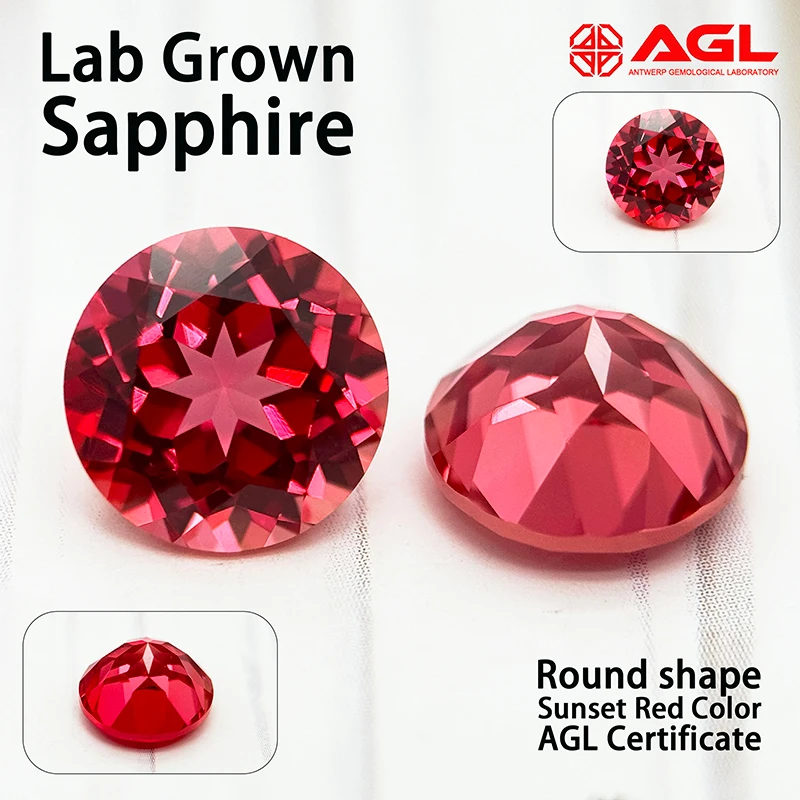

Lab Grown Sapphire Round shape Sunset Red Color Gemstone DIY Ring Necklace Earrings Main Materials Selectable AGL Certificate
