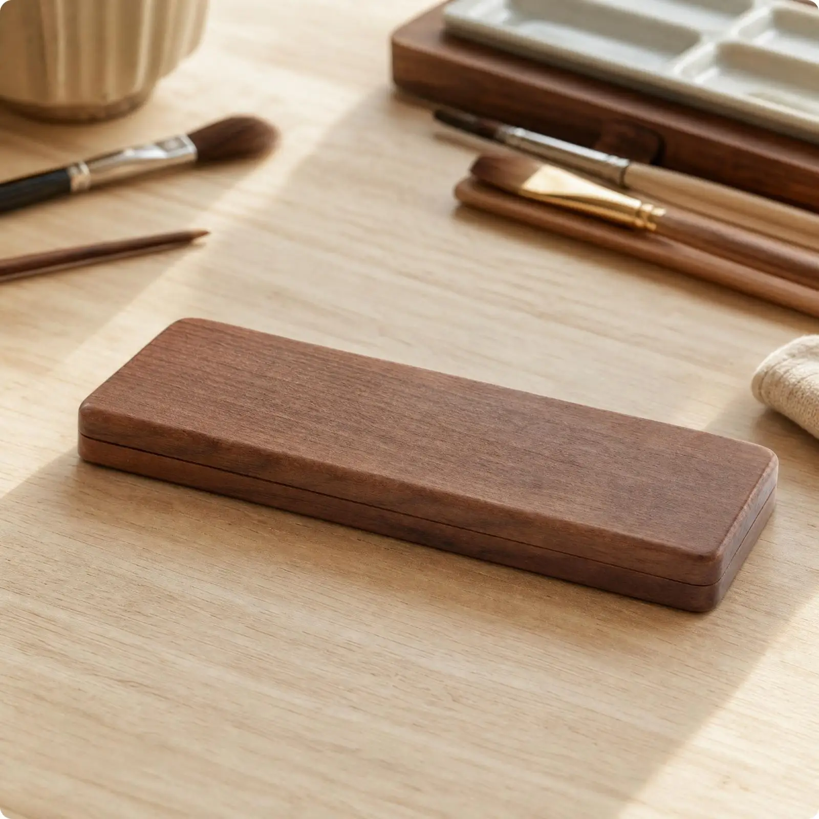 Compact Watercolor Paint Tray with Wood Grain Finish for Plein Air Artists