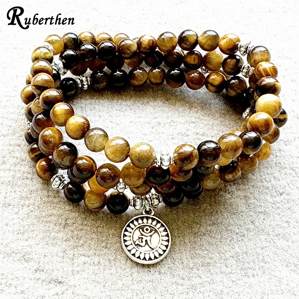 Ruberthen 6 MM Tiger Eye Ohm Charm 108 Mala Bracelet Womens Natural Gemstone Handmade Yoga Wrist Balance Jewelry