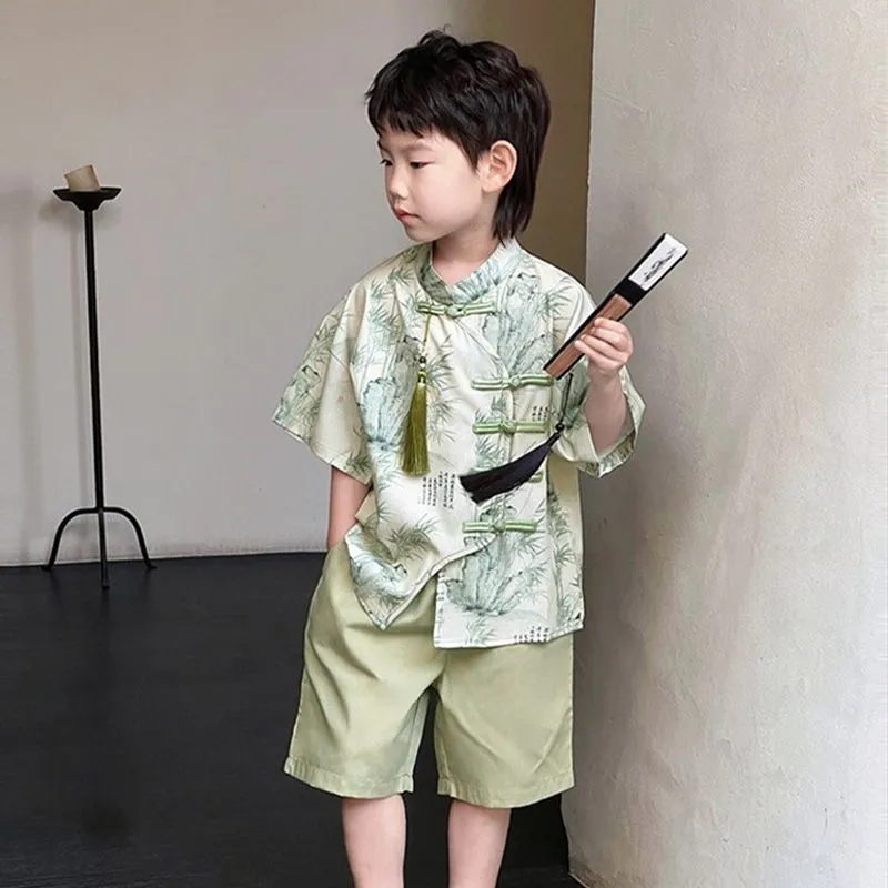 

Children's Hanfu Performance Hanfu New Chinese Boys' Short Sleeved Top Pants 2-piece Set Boys' Summer Ancient Tang ClothingLJ685