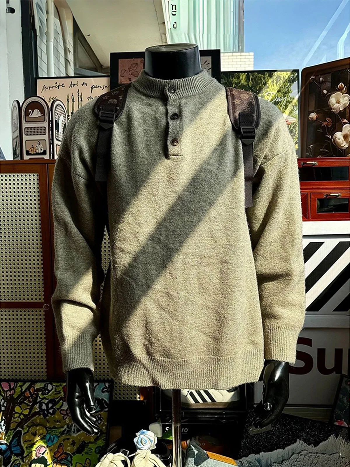 

Retro American Sle Men's Knitted Sweater Henry Collar Deer Velvet Warm Inner Wear Loose Fit Winter Long Sve Turtlene