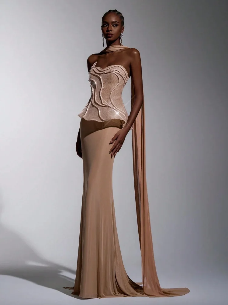 Nude Strapless Wavy Peplum Corset Mermaid Prom Dress Long Sheer Chiffon Cape Train Floor Length Formal Evening Maxi Gown view 3