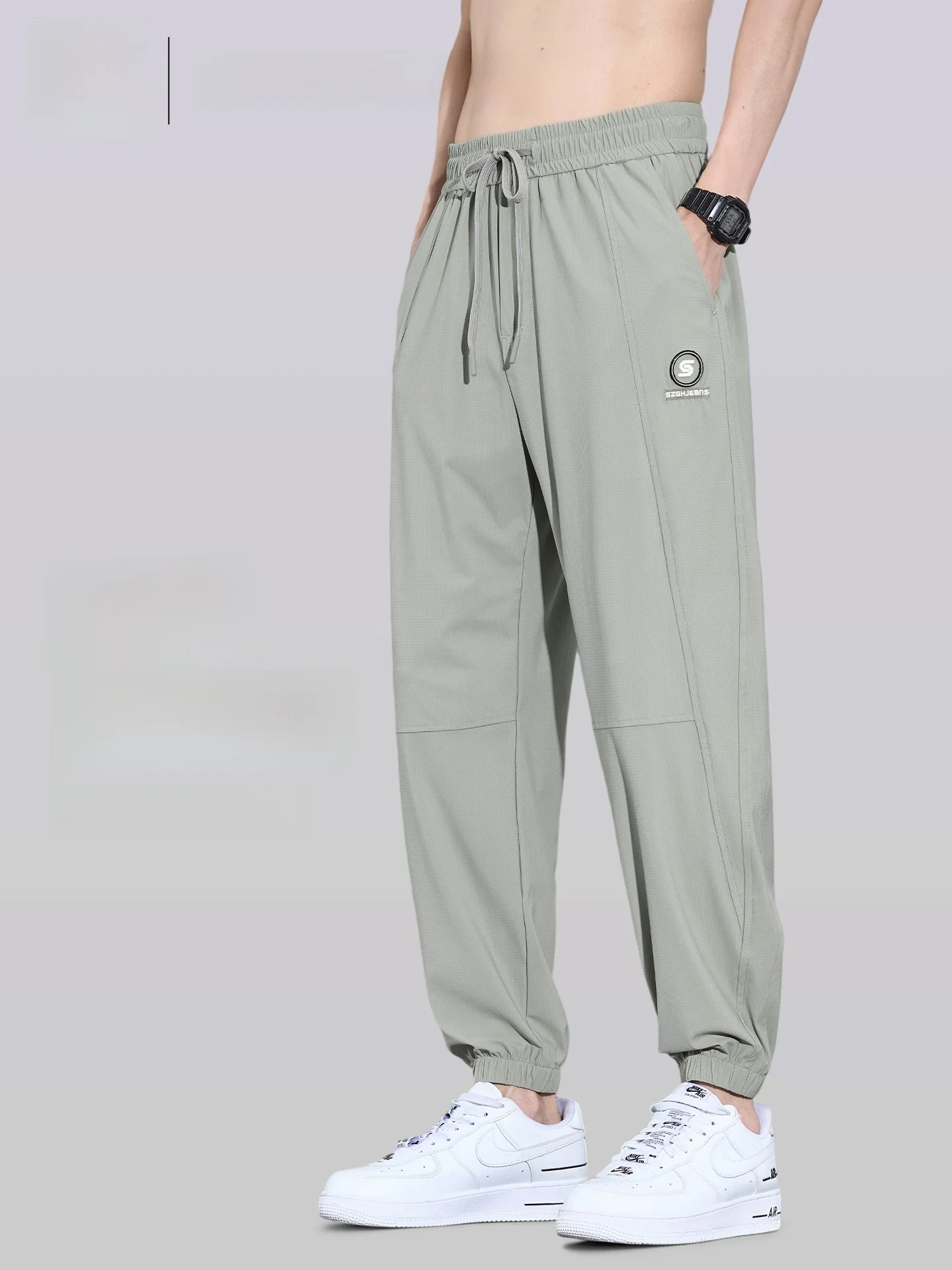 

Men's Ice Silk Casual Pants Summer Breathable Thin Elastic Cool Feeling Qui Dry Sports Straight Leg Trousers