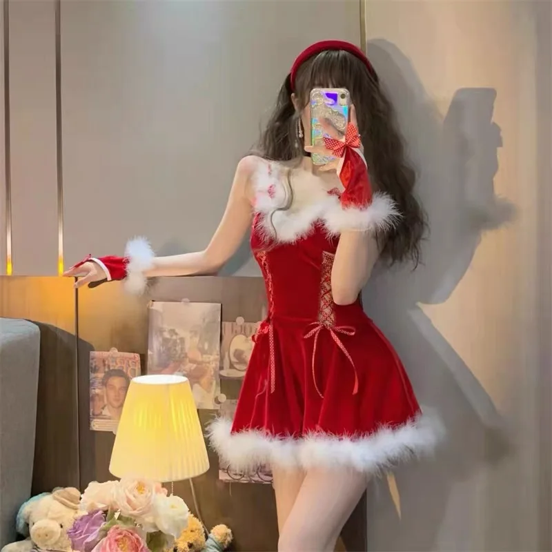 Winter Female Santa Cosplay Costume Carnival Masquerade Party Sexy Red Velvet Suit Stage Performance Uniform Maid Tight Skirt