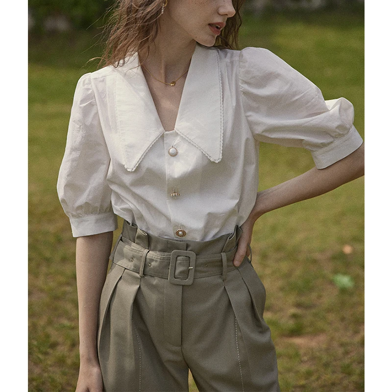 

Retro Bubble Sve White irt Женский летний дизайн Sense Small Cro ort Sve Верхний воротник Прямой крой для поездок на работу Sle