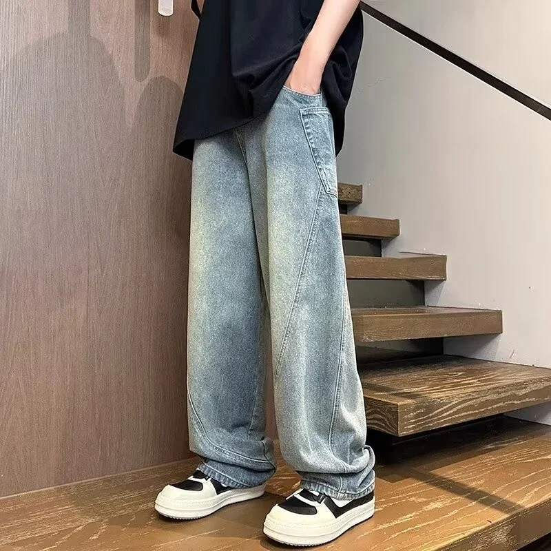 

New Vintage Men‘s Patchwork Baggy Jeans Draped Straight-leg Denim Trousers Autumn Korean Fashion High Street Casual Y2K Jean