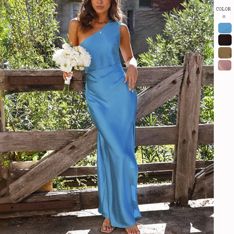 Robe en satin de haute qualité pour femme, asymétrique à une épaule, coupe ajustée, fendue, sexy, élégante, pour le printemps et l'été