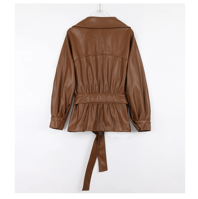 Mauroicardi Spring Short Fitted Brown Soft Lightweight Pu Leather Jacket Women Raglan Sleeve Sashes Black Fall Clothes 2025