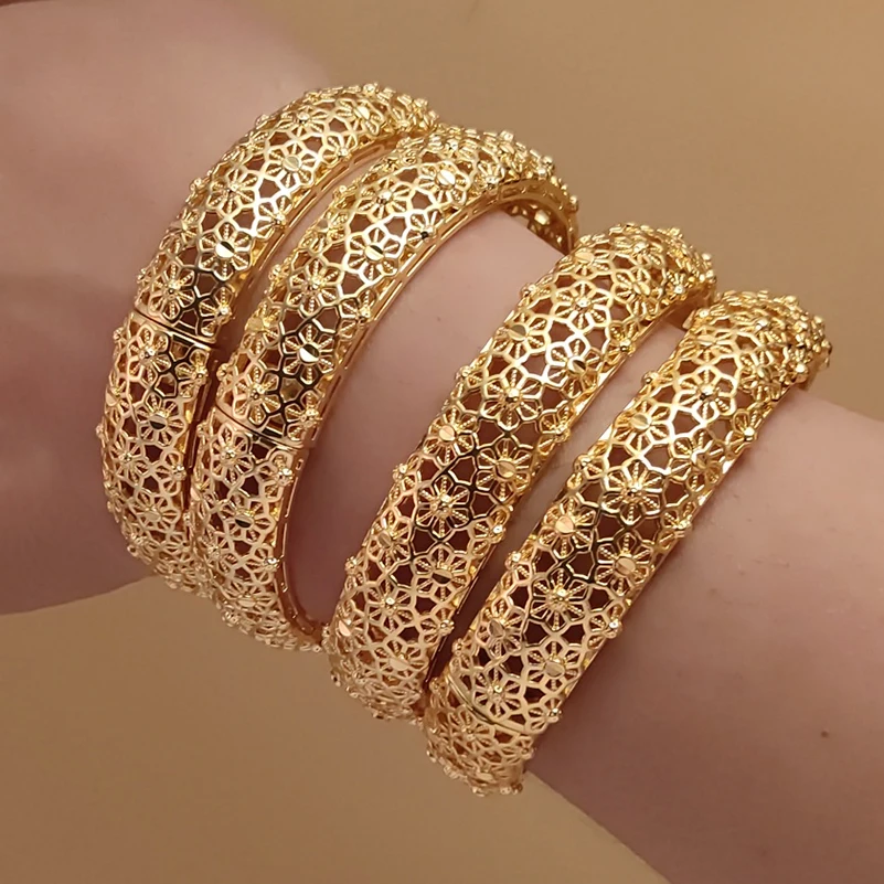 

24K Flower Gold Color Bangles For Women African Ethiopian Bracelets Wedding Square Jewelry Party Gifts Bijoux Comorien Dubai