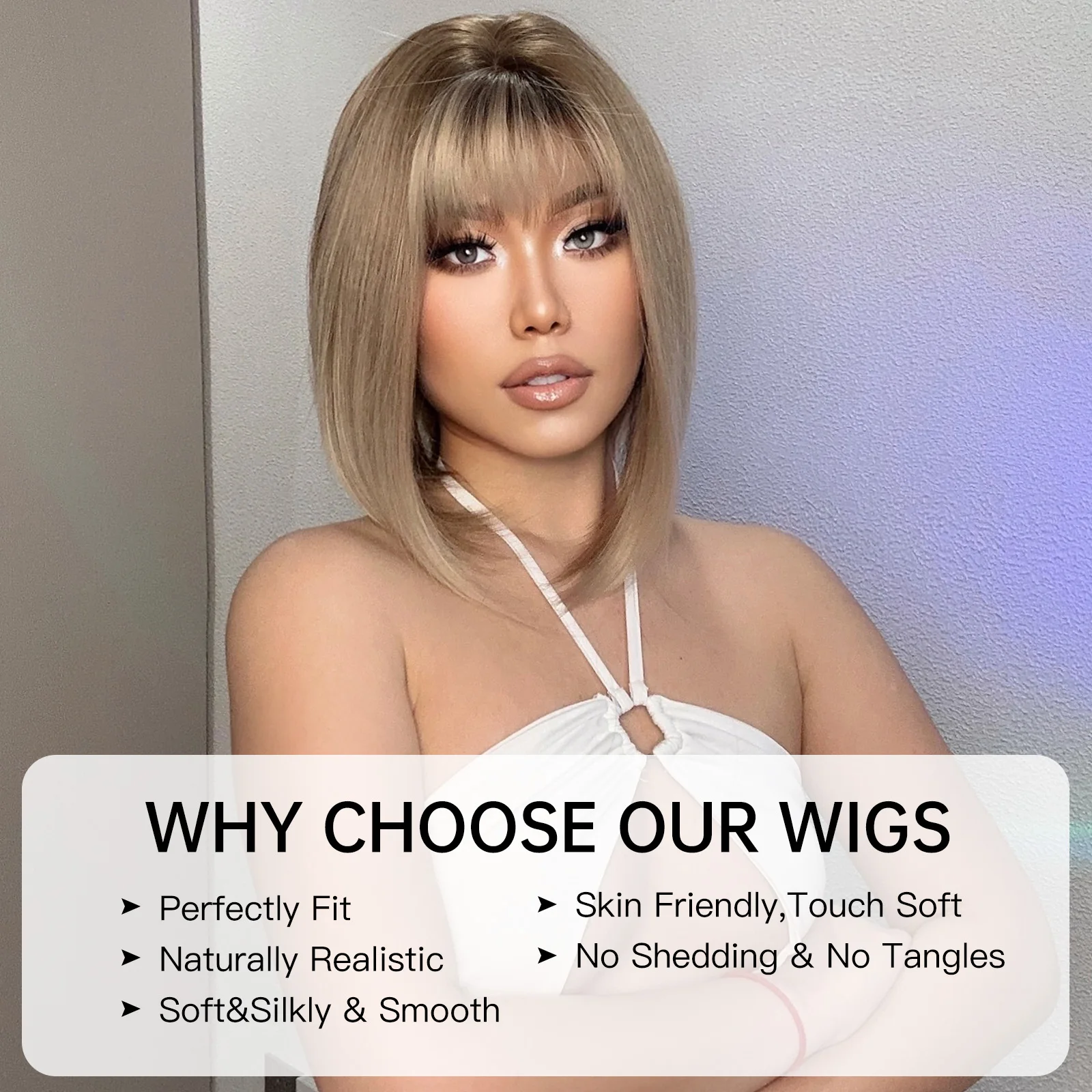 Synthetic Light Brown Bob Wig with Bangs Short Straight Wigs for Black Women Cosplay Daily Use Hair Wig Heat Resistant Fibre