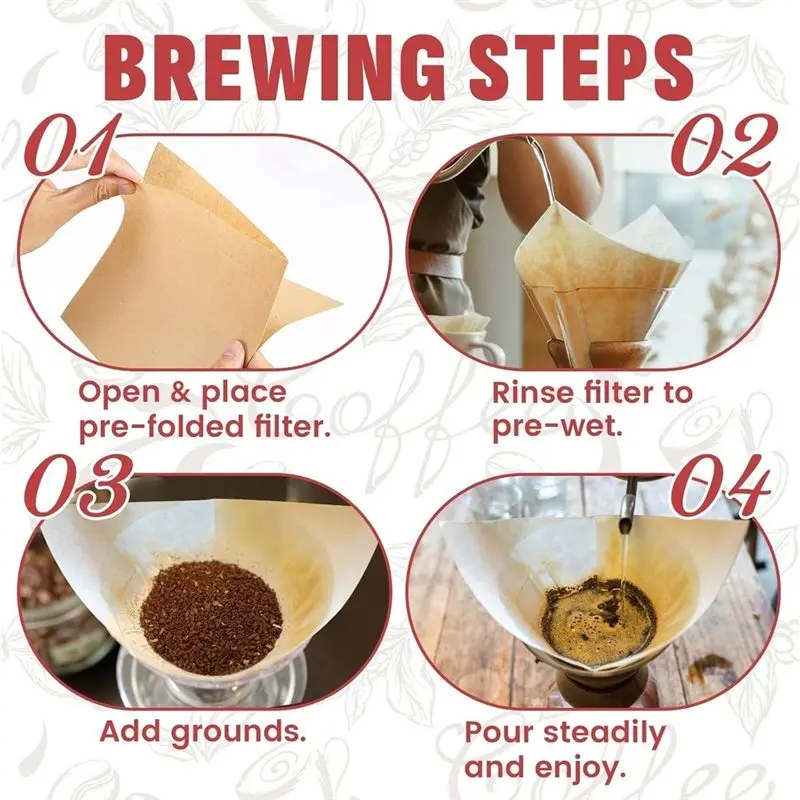 PORK-Unbleached Cone Coffee Filters 100-Pack Pre-Folded Paper For Pure Taste, For Chemex Pour-Over Machines Maker