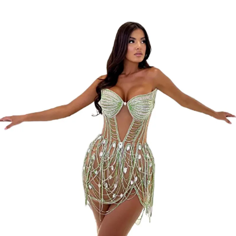 

Glamorous Diamond Fringe Dress for Birthday Party & Stage Performance with Sexy Seaside Singer Banquet Outfit Rhinestone Dresses