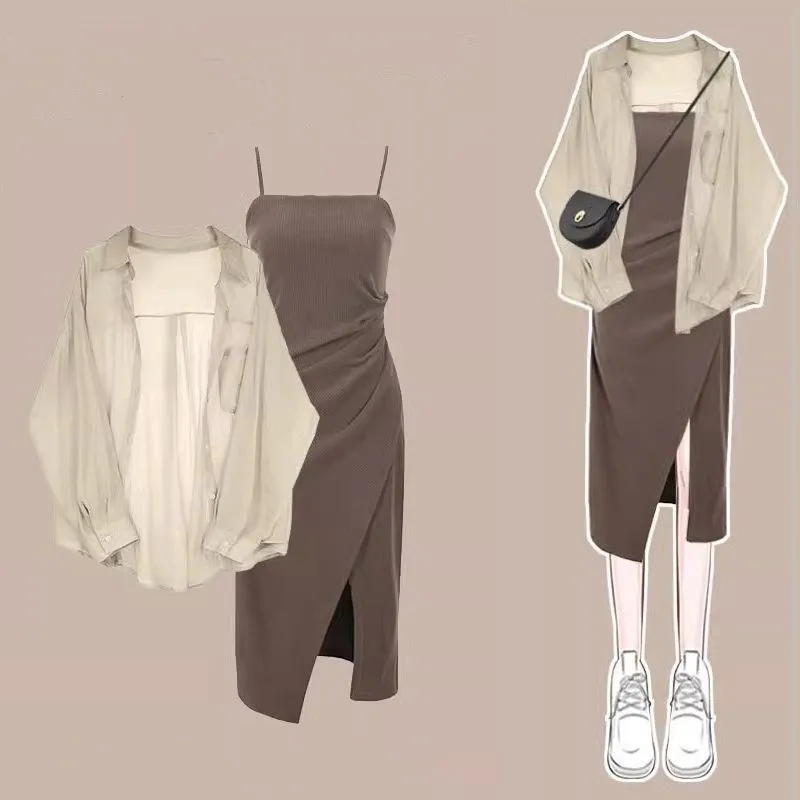 

Women 2026 Spring/Summer New Fashion Dress Matching Set Korean Elegant Long-sleeve Sunscreen Shirt+Strap Skirt Two Piece Suit