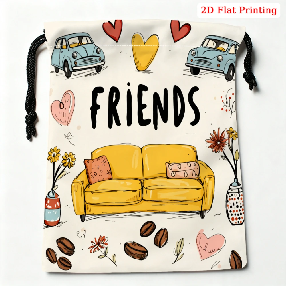 1Pc Cartoon Friends Sofa Pattern Drawstring Bag White Storage Small Pouch For Travel Cosmetics Organization Women Girls Portable