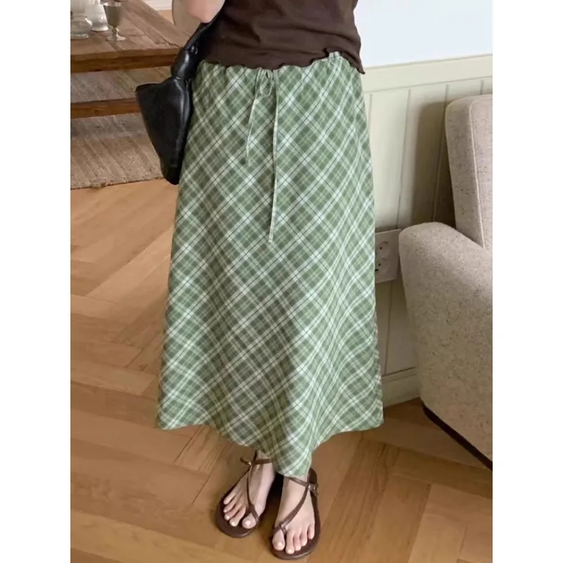 

Vintage Korean Retro High Street Drawstring Low Waist A-line Skirt Streetwear Fashion Pliad Long Skirt