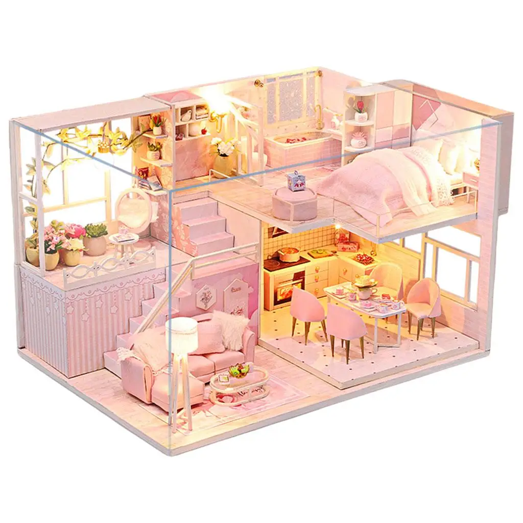 DIY Miniature Dollhouse with Furniture Plus LED Light Wood Cottage Creative Room Self Assembly Doll House Model