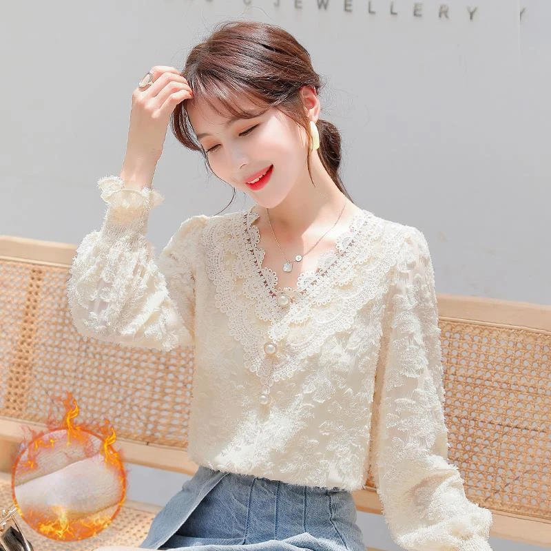 

Velvet Thickened Autumn Winter New Bottoming Shirt Lace V-neck Long-sleeved Chiffon Blouse Tops Women Clothes S-4XL