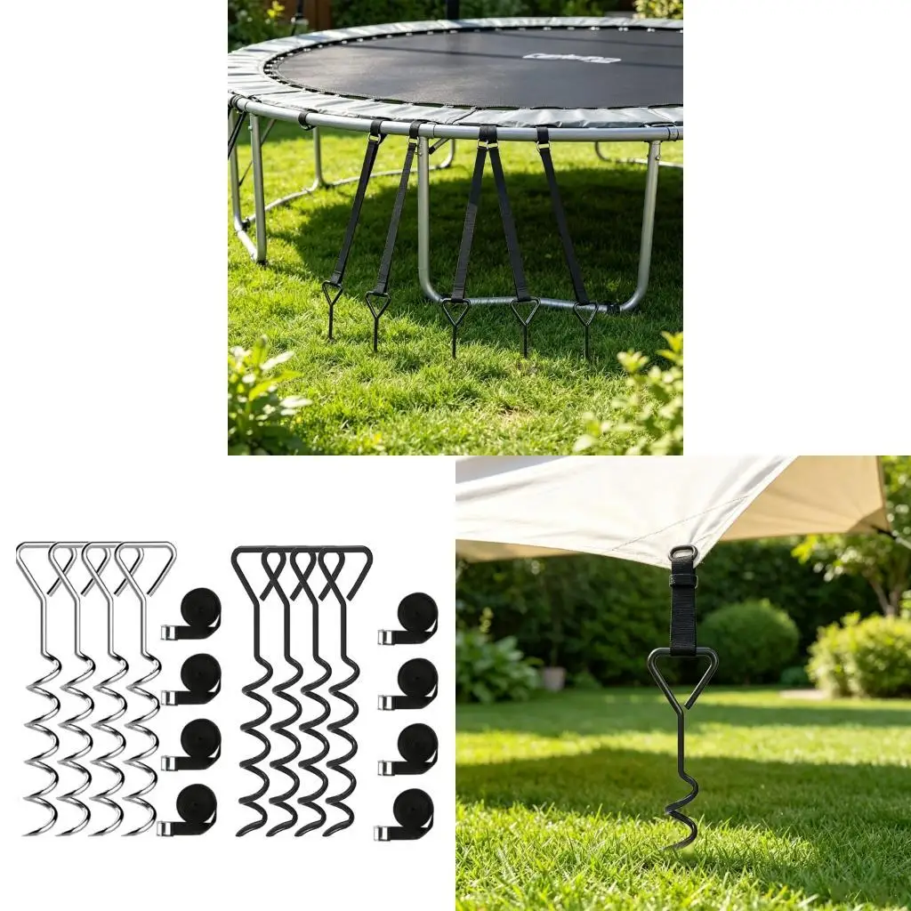 37ME Outdoor Hold-Down Stake Set with Ground Screws and Woven Ties for Tents, Trampolines, Yard Tie-Out and Camp Use
