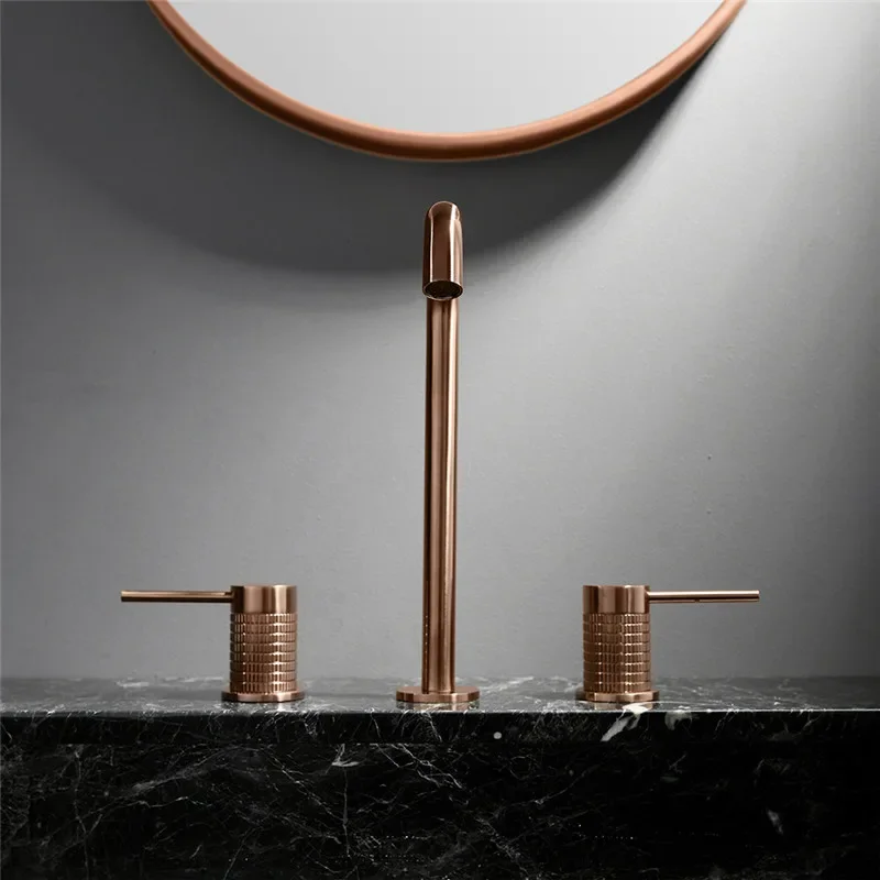 

Gray Bathroom Faucet Widespread Rose Gold Basin Faucet 3 Hole Black Sink Faucet Mixer Gray Hot Gold Water Tap