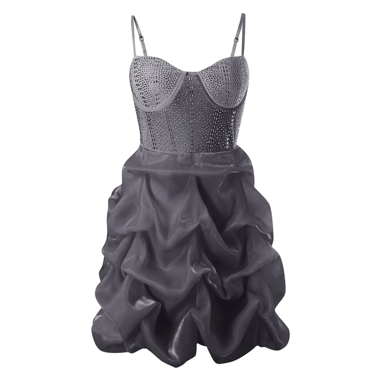 فساتين BWQ متوسطة الطول مثيرة للنساء فساتين شبكية شفافة بدون حمالات تنورة قصيرة بلون سادة فساتين الحفلات الليلية