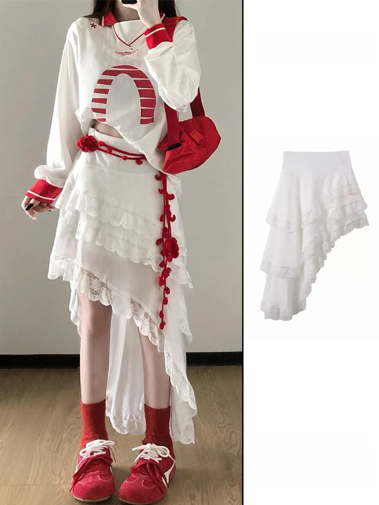 

Retro White Lace A-Line Skirt Women's Spring Summer Asymmetrical Cake Skirt High Waist Elastic Waist Loose Fit Skirt