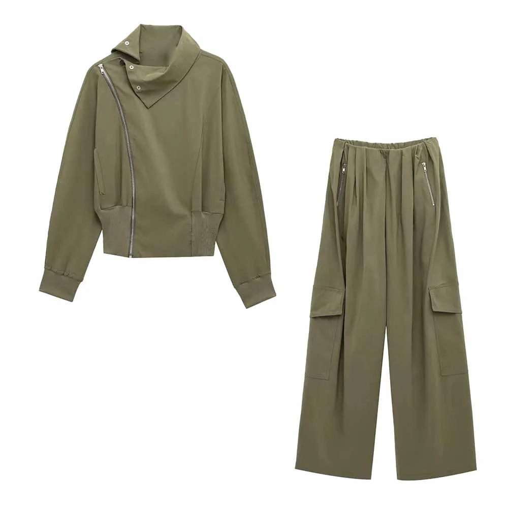 

Women's new Fashion zipper design casual stand collar jacket retro bat long sleeved women's jacket chic top+Pants Women's suit