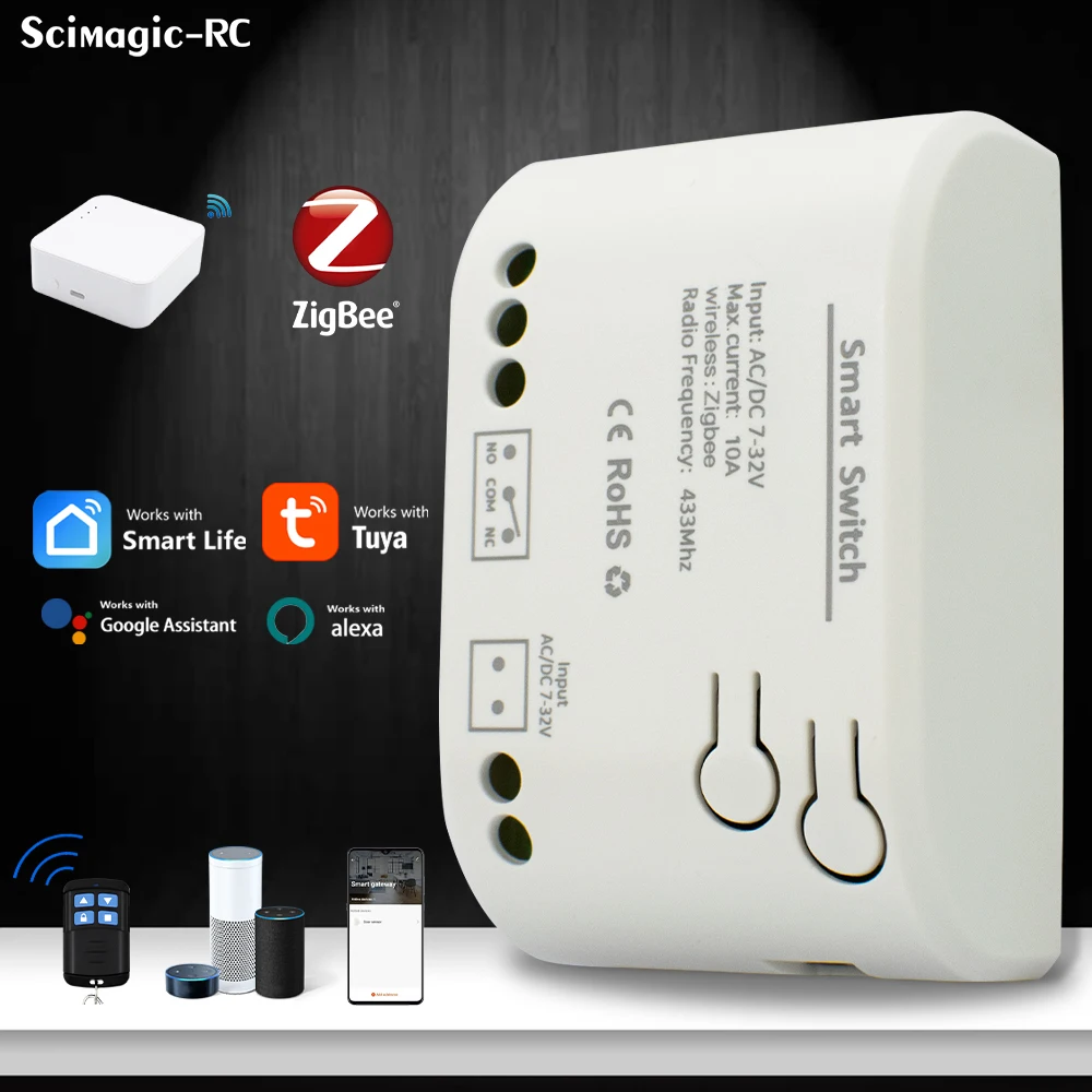 

1CH Zigbee Tuya умный релейный модуль умный выключатель света DC7-32V AC85-250V 220V RF433Mhz пульт дистанционного управления контроллер включения и выключения Alexa DIY