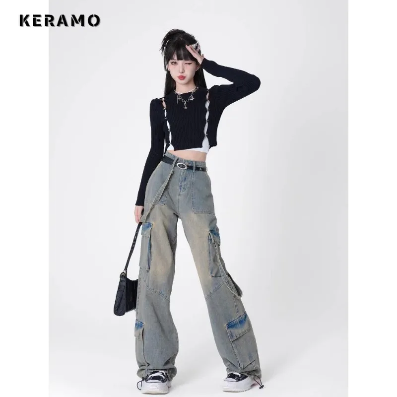 Imagem -04 - Jeans Retrô Americano de Cintura Alta Extragrande para Mulheres Calça Larga Casual Bolsos Y2k Perna Larga Streetwear Grunge Calça Jeans Azul