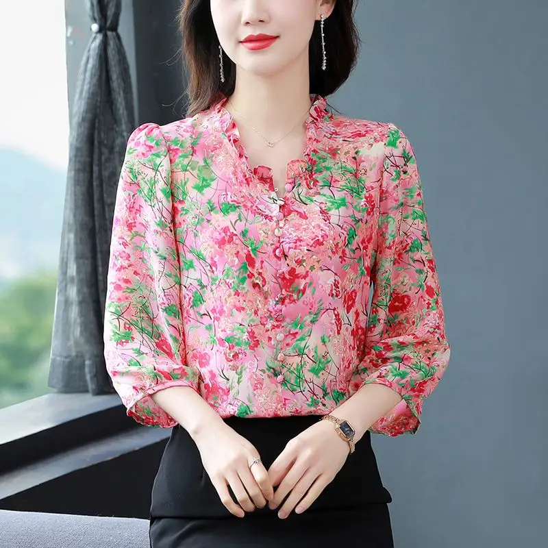 

Spring Autumn Stringy Selvedge V-Neck Fragmented Chiffon Blouses Female Sweet Nine Points Sleeve Loose-fitting Pullover Shirt