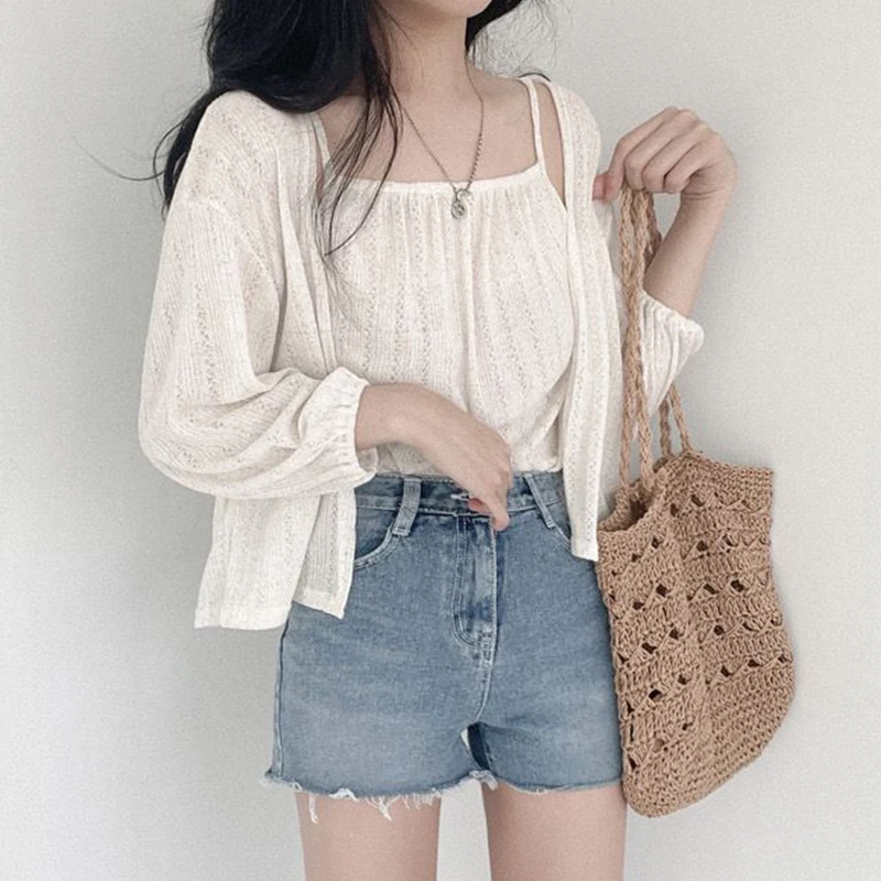 

In stock size has been updated Korean CHIC summer temperament camisole cardigan two-piece set