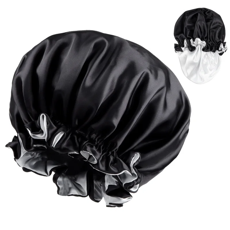 قبعة نوم كبيرة الحجم بطبقة مزدوجة من الدانتيل بلون سادة للعناية بالشعر، قبعة نسائية على شكل قبة من الحرير المقلد