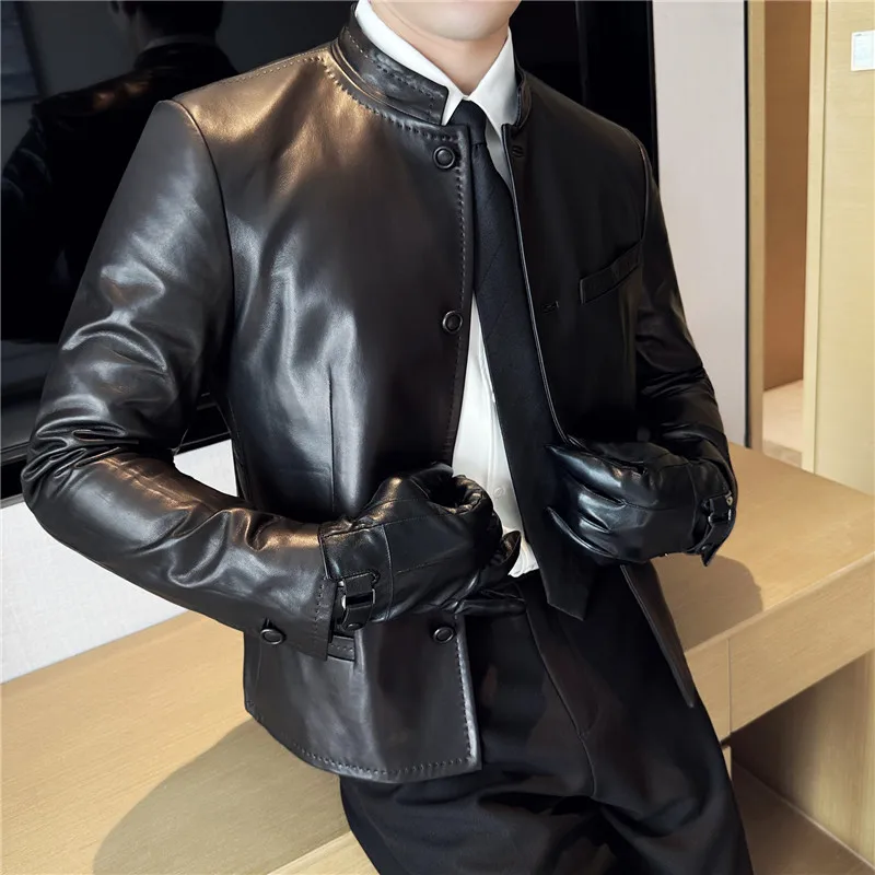 Autumn  Chinese Style Stand Up Collar Leather Jacket Men's Motorcycle Jackets High-end Casual Business Short PU Leather Coats