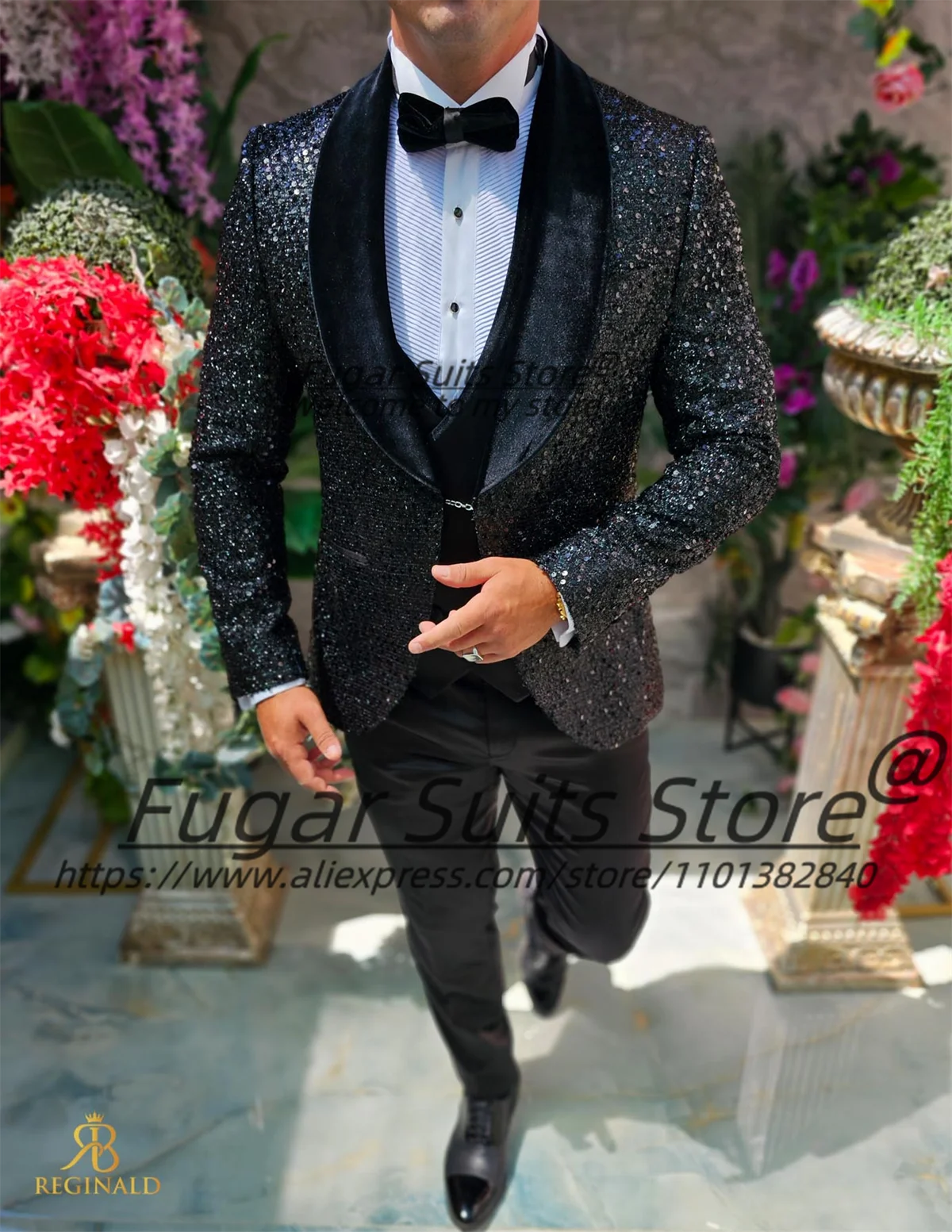 Luxuly Black Shiny Groom Wedding Tuxedos Customized Slim Fit Shawl lapel Men Suits Male Party Blazers 3Pieces Sets Costume Homme