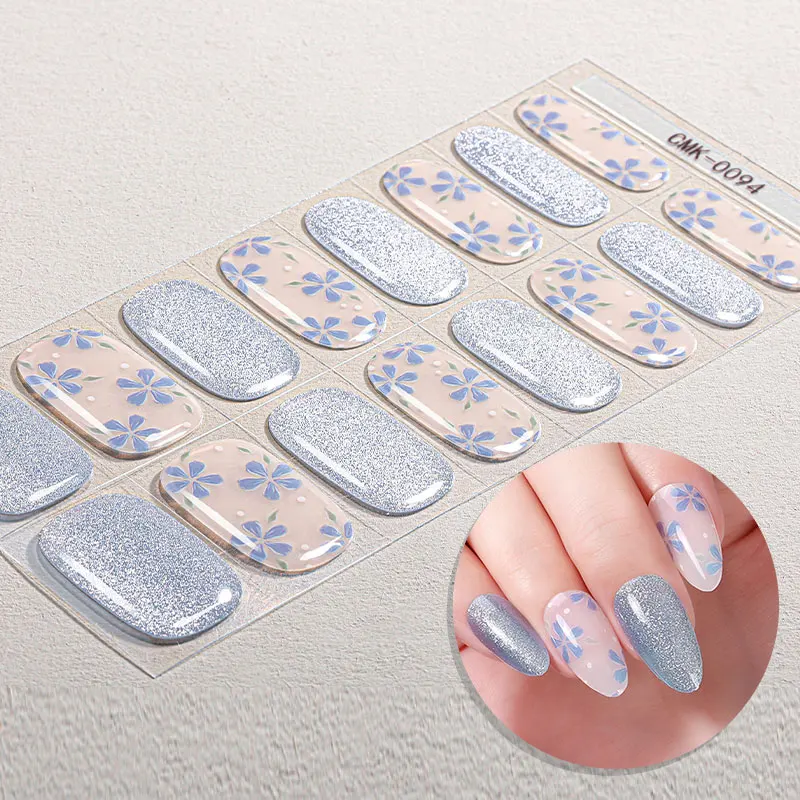 16Tips Flowers Gel Nail Strips Adhesive Waterproof Full Cover Glitter Baking-Free Gel Nail Stickers DIY Manicure Decoration