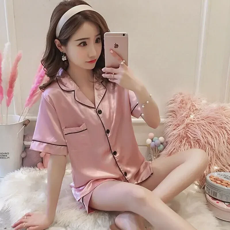 Summer Women Casual Solid Color Pajama Girls 2/pce Set Fashion Short Sleeves Shoets Set Loungewear Lady Cardigan Pajama Indoor
