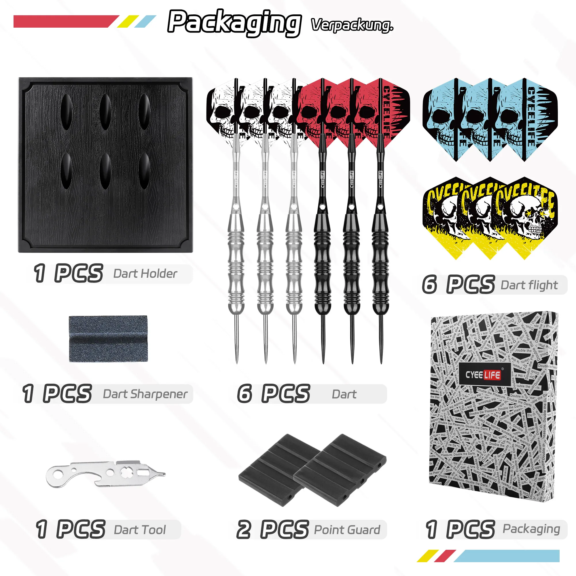 Cyeelife Professional 26g Steel Tip Darts Set (6-Pack) with Dart Stand, Sharpening Stone & Accessories Tool - Heavy Duty Tungste