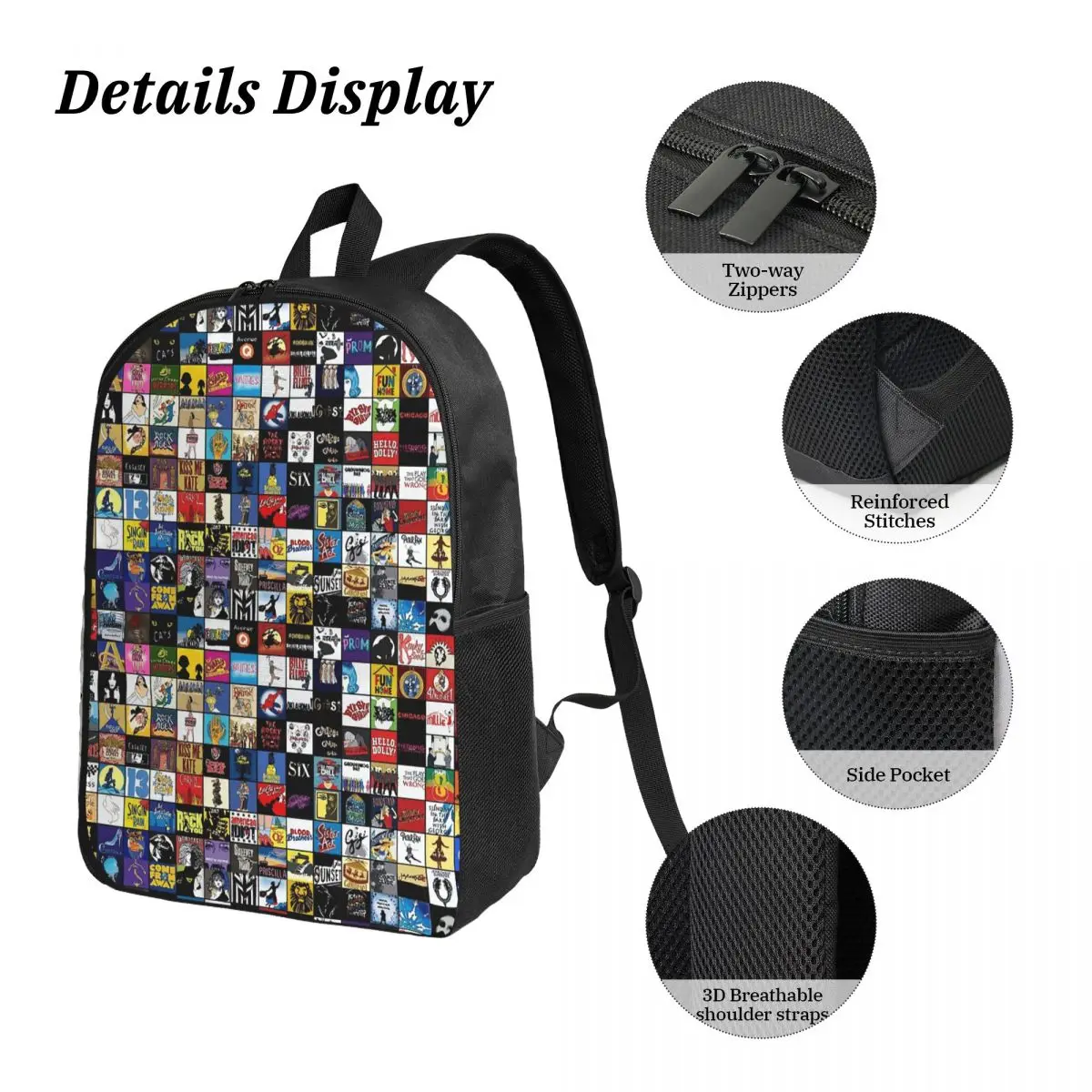 Broadway Musical Theatre Logos Hand Drawn Backpack Student Boys Girls BookBag School Bag 3ps Insulated Lunch Bag Pencil Case