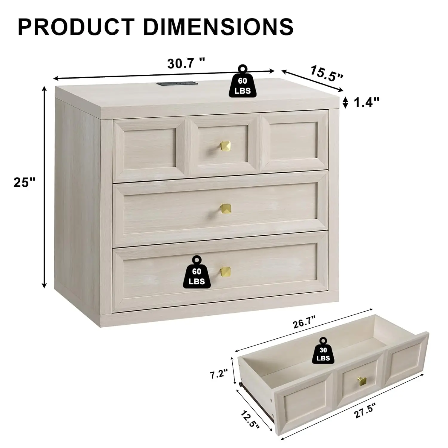 30.7 Inch King Size 3 Drawer Bedside Nightstand with Built in   Station Large Storage Wooden Side   for Bedroom Offic